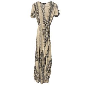 Animal Snake Print Midi Wrap Dress Large Snakeskin High Low Ruffles Open Front